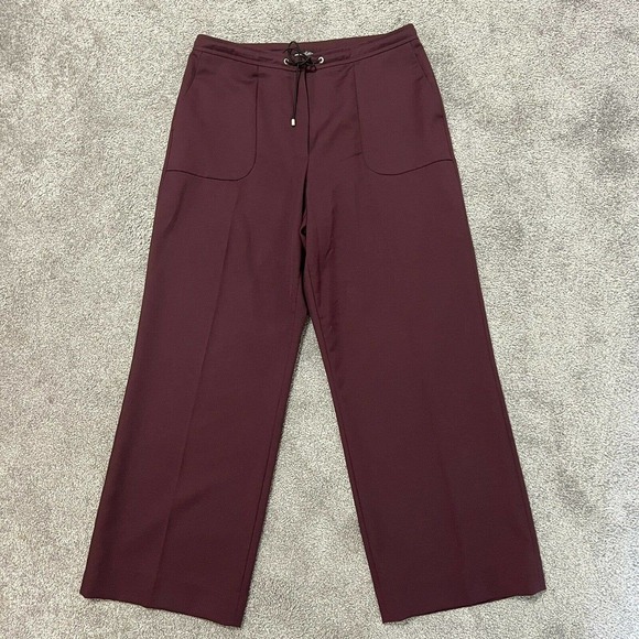 Escada Sport Pants Burgundy Wide Leg 100%Wool Drawstrings Pockets Size 40 - Picture 1 of 12